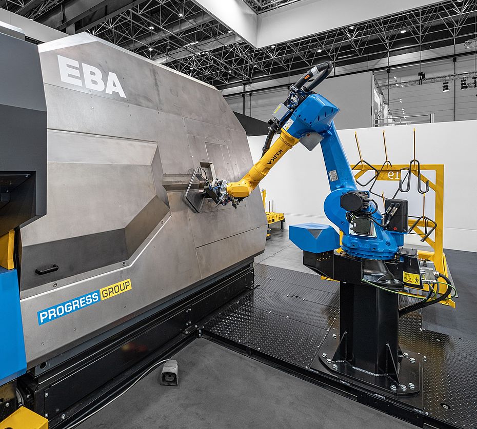 EBA bending machine by Progress Group with KUKA industrial robot for automated reinforcement processing in precast plant