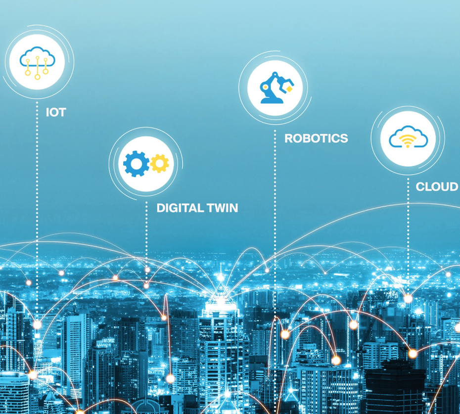 Smart City infographic with IoT and Digital Twin