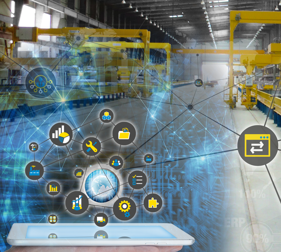 Smart factory with IoT icons and hall cranes