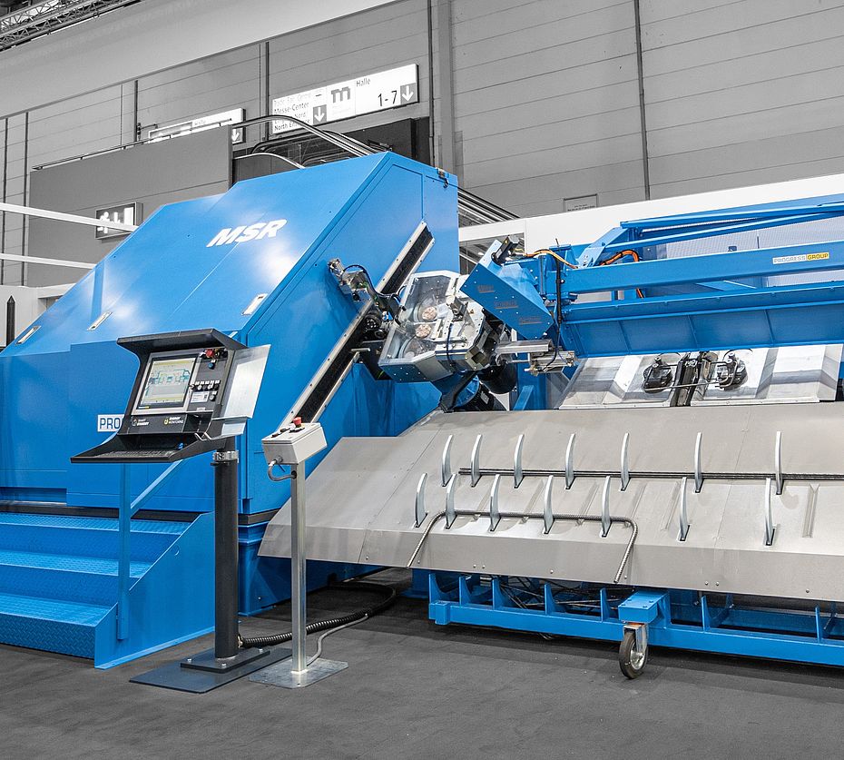 Progress Group MSR straightening and cutting machine for reinforcement steel with stirrup sorting at trade fair exhibition